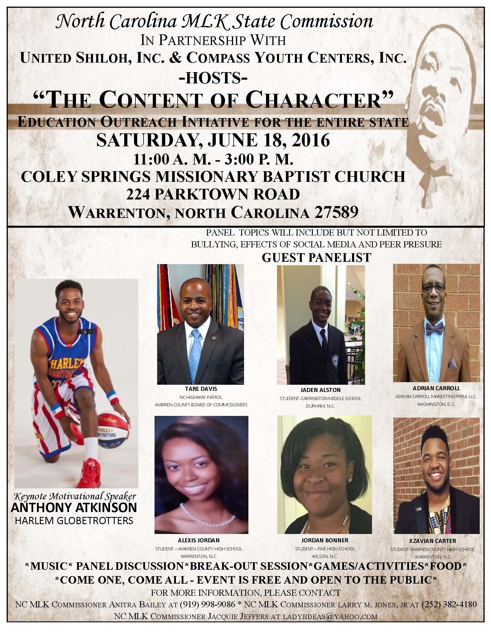 Content of Character event notice. Source: NC MLK Commissioner Jacquie Jeffers, Wilson NC.