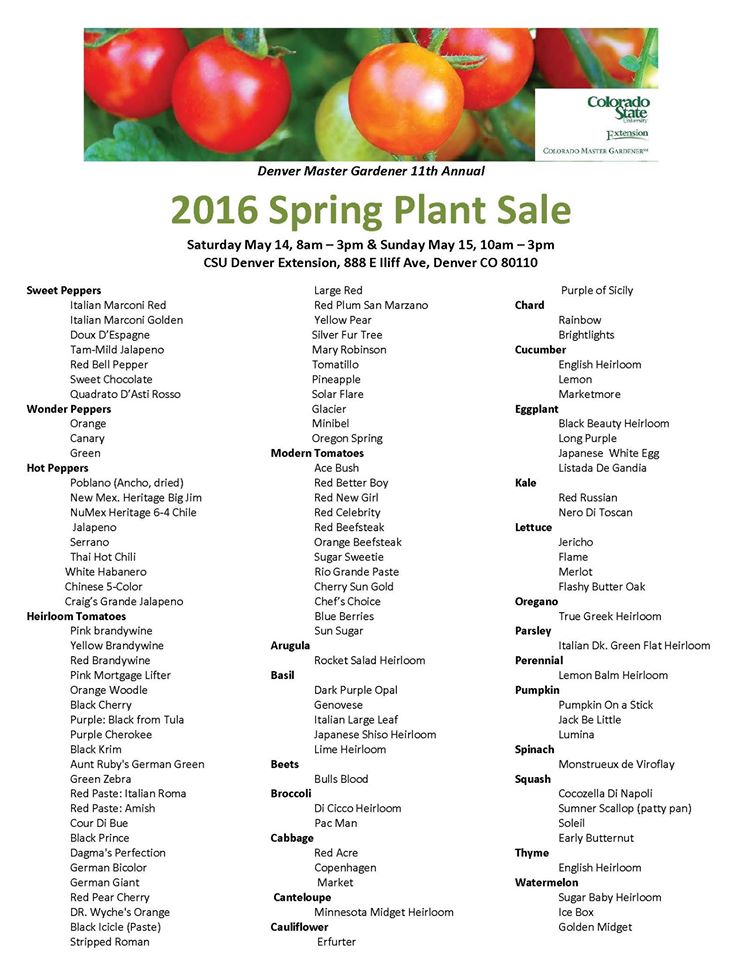 Denver CO Master Gardeners list for 2016 plant sale. Source: CSU Denver Extension - Horticulture Program, Denver CO.