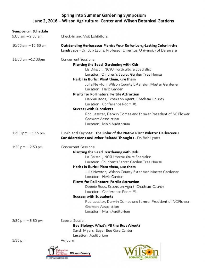 Spring into Summer Gardening Symposium Schedule. Source: Wilson County Coop Extension Service, Wilson NC.