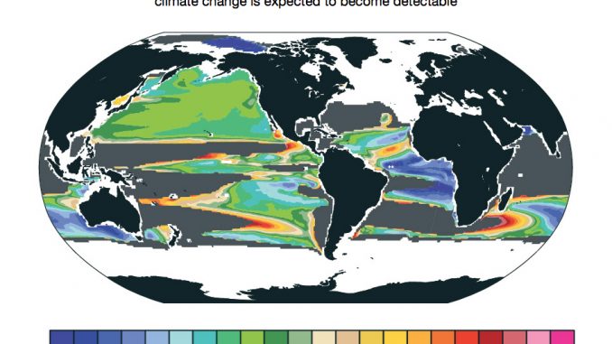 Deoxygenation due to climate change is already detectable in some parts of the ocean. New research finds that it will likely become widespread between 2030 and 2040. Other parts of the ocean, shown in gray, will not have detectable loss of oxygen due to climate change even by 2100. Credit: Matthew Long, NCAR.