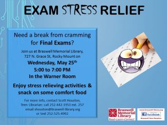 Exame Stress Relief is just one of many events for teens at the library. Source: Braswell Memorial Library, Rocky Mount NC.