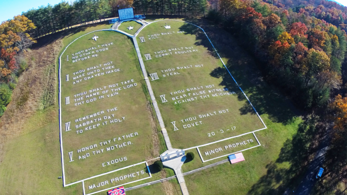 Aerial view of the Ten Commandments on Burger Mountain. Source: Fields of the Wood, Murphy NC, cogop.org/fow.