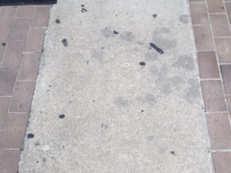 A Wilson, North Carolina, sidewalk covered with old gum and gunk. Photo: Kay Whatley.