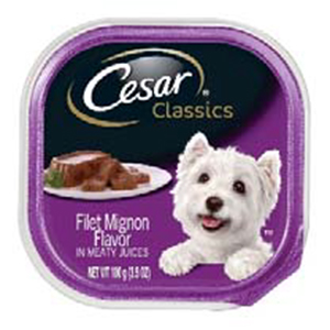 CESAR® Classics Filet Mignon Flavor Wet Dog Food is recalled for potential plastic contamination. Label released by FDA.gov with recall notice.