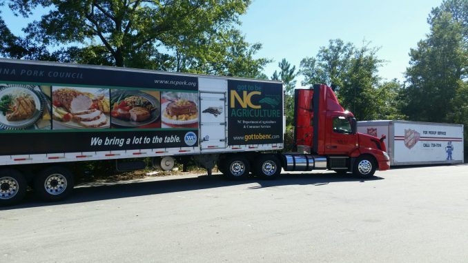 The Food Distribution Division has been making deliveries of USDA food products to assist disaster relief feeding efforts. This photo was taken today in Goldsboro, North Carolina. Source: NC Dept of Agriculture and Consumer Services, Raleigh NC.
