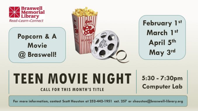 Teen Movie Night at Braswell Memorial Library. Source: Scott Houston, MLS Teen & Information Services Librarian.