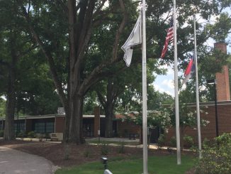 Zebulon NC Municipal Complex flags flying at half staff. Photo: Kay Whatley, 2017