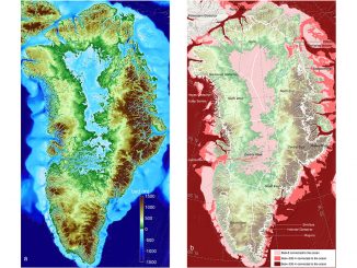 Left: Greenland topography color coded color-coded from 4,900 feet (1,500 meters) below sea level (dark blue) to 4,900 feet above (brown). Right: Regions below sea level connected to the ocean; darker colors are deeper. The tin white line shows the current extent of the ice sheet. Credit: UCI