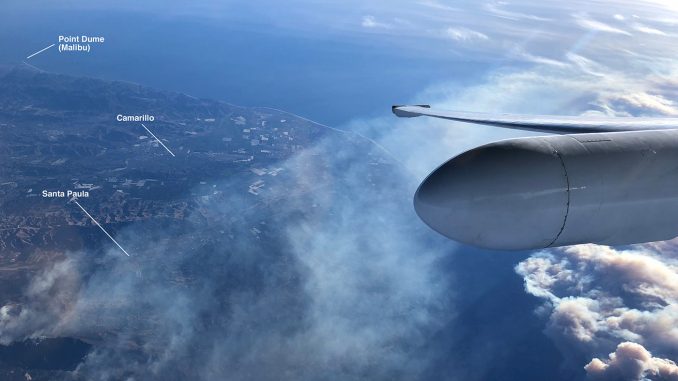 This image offers landmark references to a photo captured from NASA's ER-2 high-altitude science platform carrying JPL's AVIRIS spectrometer instrument as it flies over the Thomas Fire in Ventura County in California on Dec. 7, 2017. Credit: NASA/Tim Williams