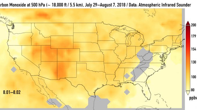 One of series of images releaed by NASA that shows carbon monoxide (in orange/red) from California's massive wildfires drifting east across the US. It was produced using data from the Atmospheric Infrared Sounder (AIRS) on NASA's Aqua satellite. Source: NASA/JPL-Caltech