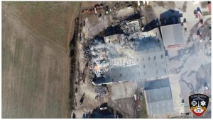 Drone imagery three hours later showing Bunn, NC warehouse damage. Credit: Pilot Steve Rhode, Wake Forest Fire Department