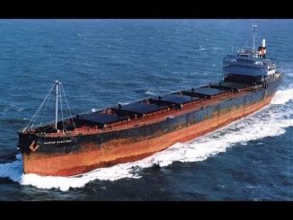 The Marine Electric, a 605-foot cargo ship, as seen underway before its capsizing and sinking on Feb. 12, 1983. The converted WWII-era ship foundered 30 miles off the coast of Virginia and capsized, throwing most of its 34 crew into 37-degree water, where 31 of them drowned or succumbed to hypothermia. Photo: US Coast Guard