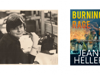 Mystery writer Jean Heller and the cover of her novel Burning Rage
