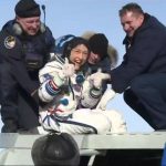 NASA astronaut Christina Koch gives a thumbs-up as she emerges from the Soyuz spacecraft February 6, 2020. Credits: NASA Television