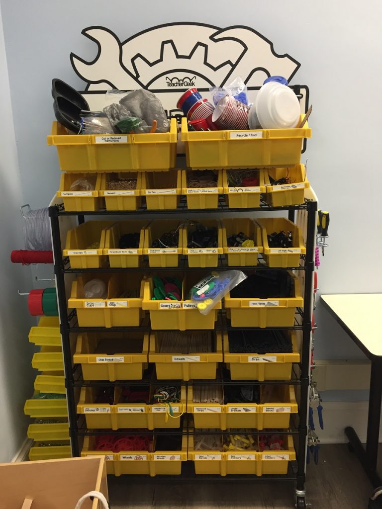 WCPL Makerspace "Teacher Geek" shelves with engineering / electronics supplies and tools. Photo: Kay Whatley