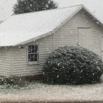 Snow falling on a Nash County, North Carolina farm building. Photo: Kay Whatley