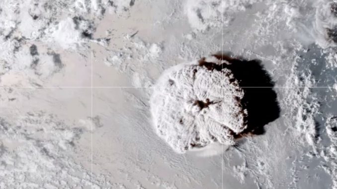 Screenshot from video: umbrella cloud generated by underwater eruption of Hunga Tonga-Hunga Ha’apai volcano on January 15, 2022. Credit: NASA Earth Observatory image by Joshua Stevens using GOES imagery courtesy of NOAA and NESDIS